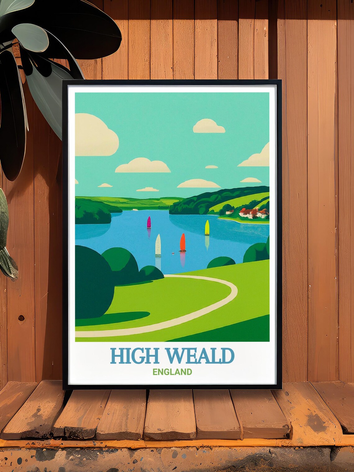 High Weald England Lake Sailboats Rolling Green Hills Travel Poster - Image 3