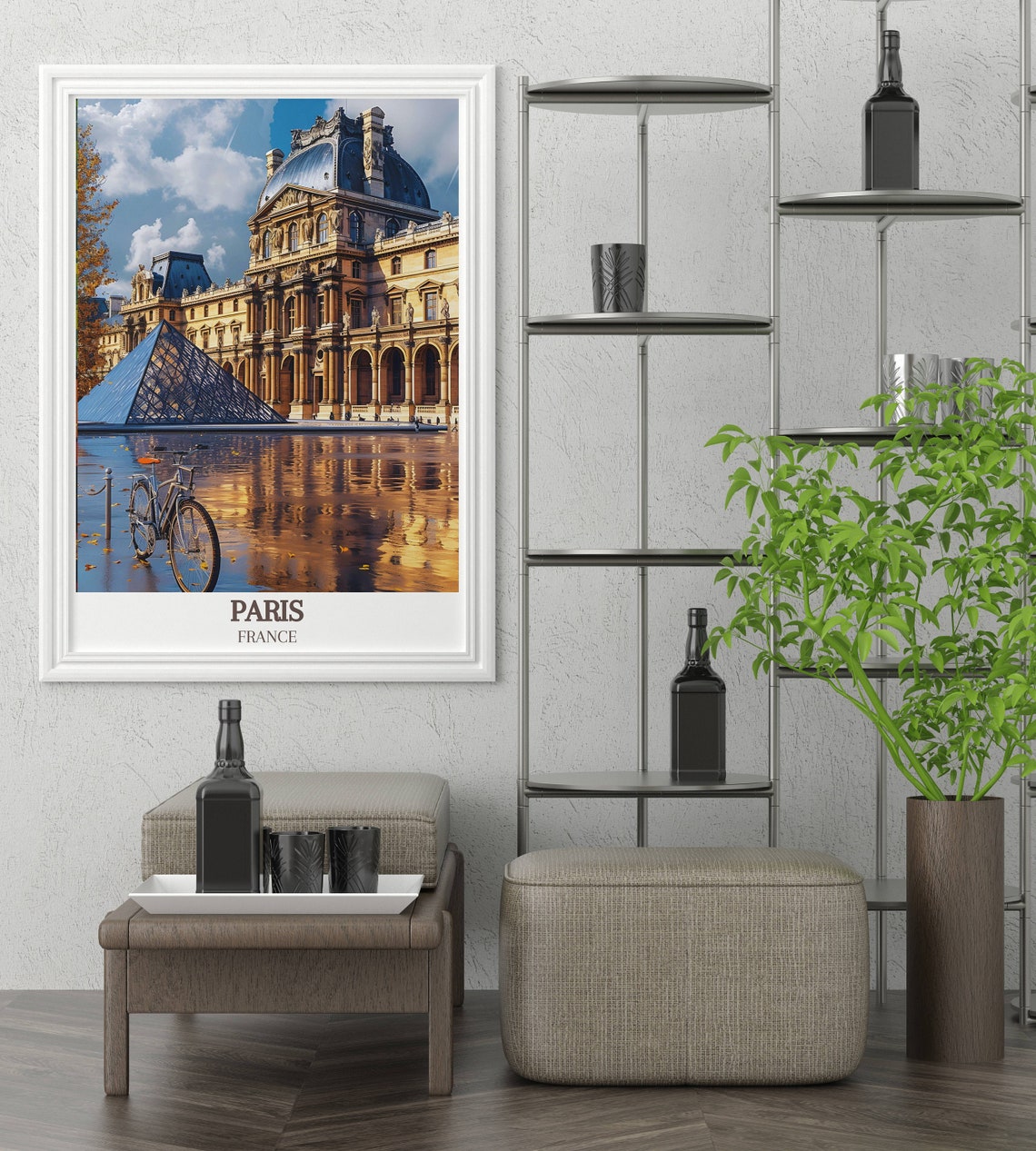 Paris France Louvre Pyramid Golden Reflections Bicycle Scene Poster - Image 2