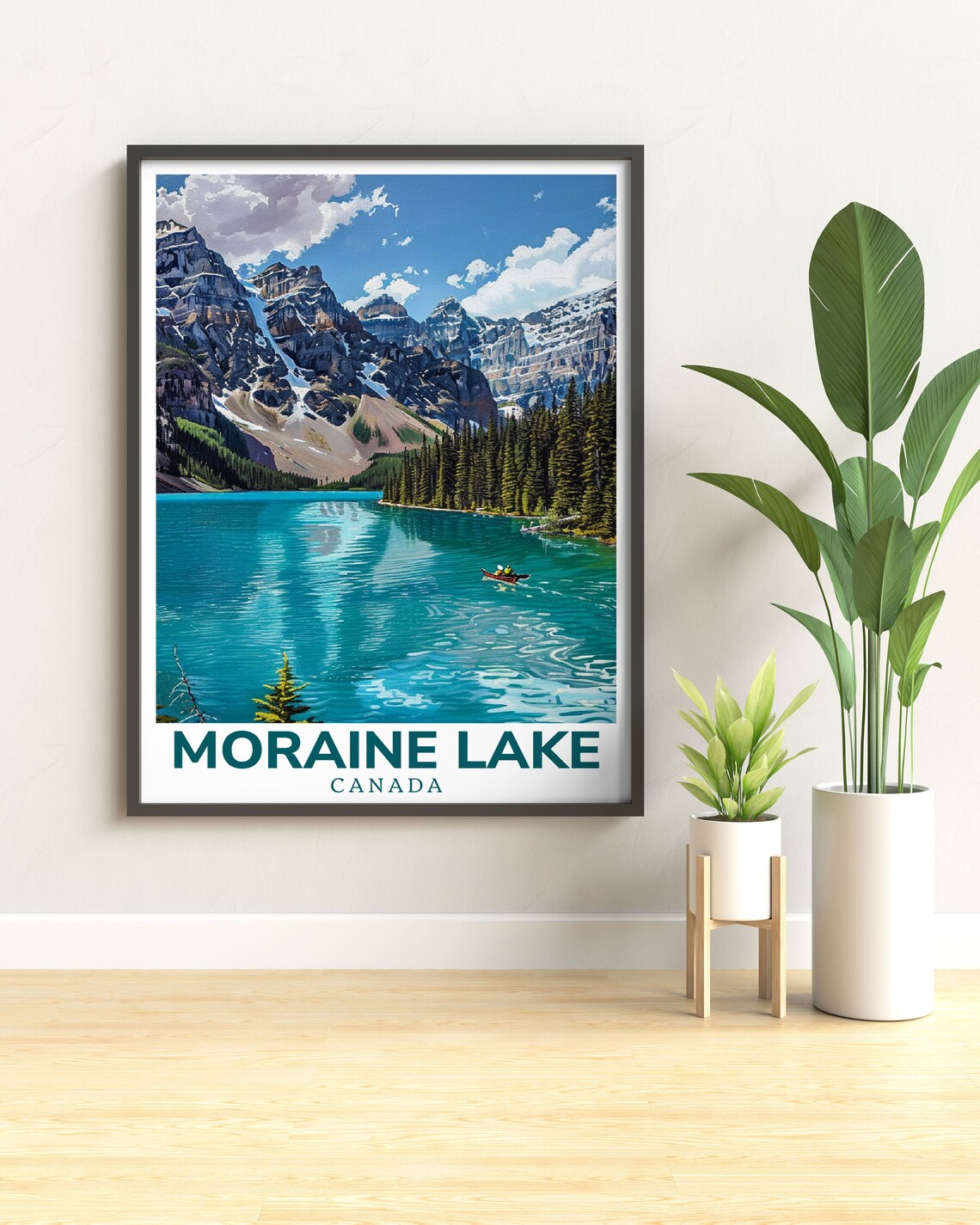 Moraine Lake Canoe Gliding on Turquoise Water in Banff Poster - Image 2