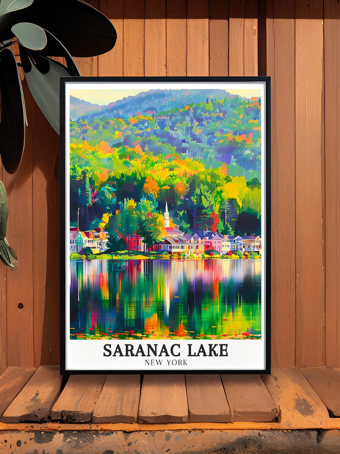 Saranac Lake Autumn Village Reflection Fall Colors Travel Poster - Image 2