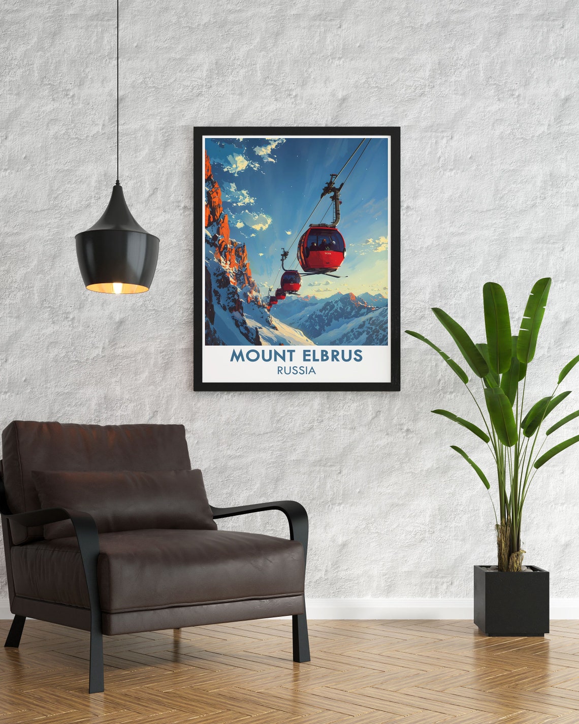 Mount Elbrus Red Cable Cars Floating Above Snowy Peaks Russia Poster - Image 3