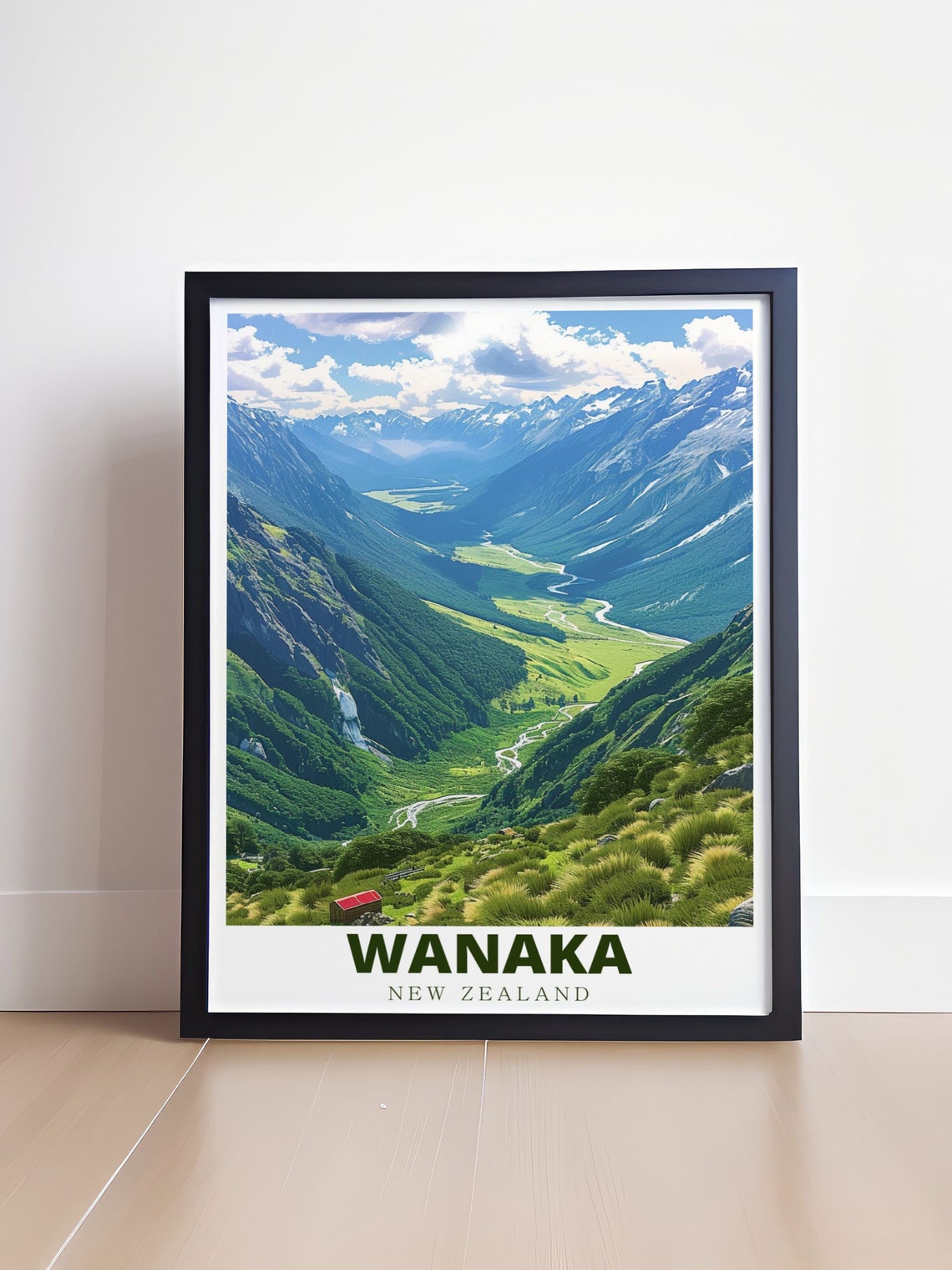 Wanaka New Zealand Green Valley With Red Hut Vista Travel Poster - Image 4