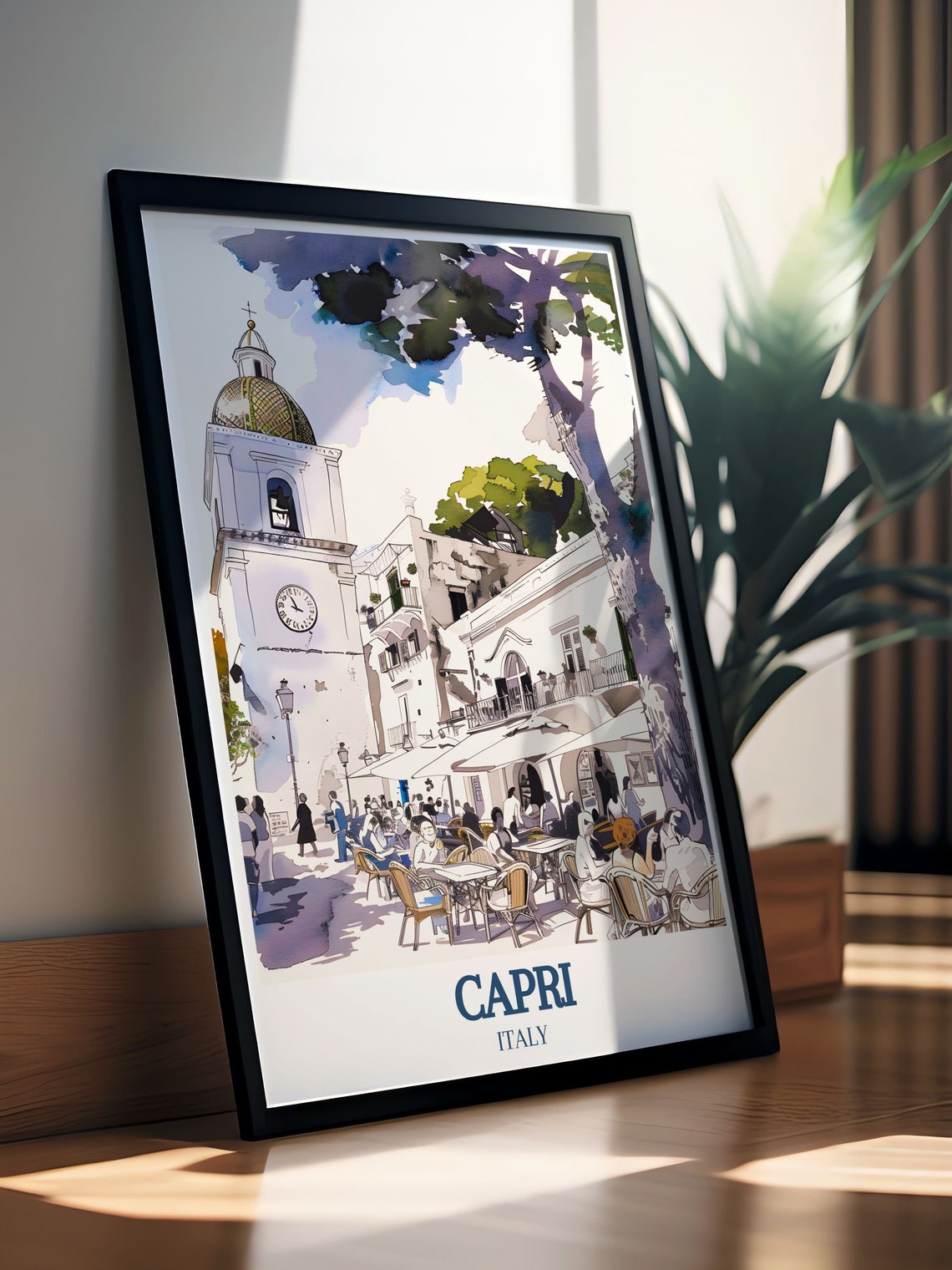 Capri Italy Piazzetta Clock Tower Cafe Scene Watercolor Poster - Image 2