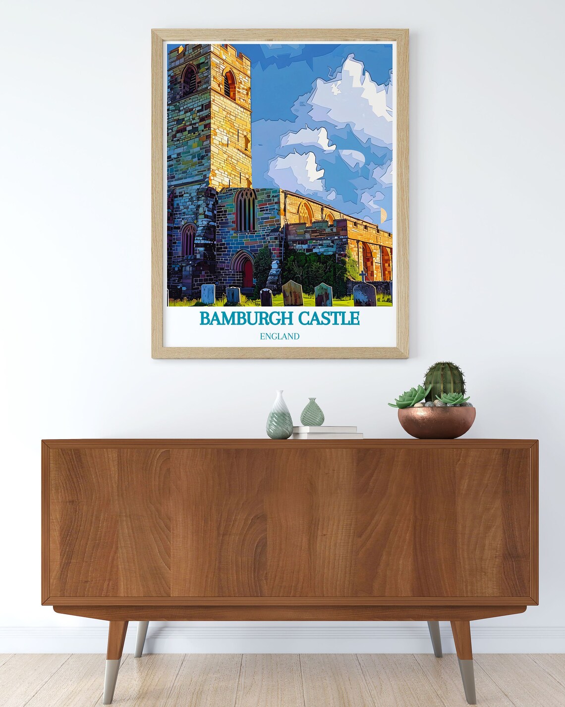 Bamburgh Castle England Travel Poster Historic Stone Church Tower - Image 2