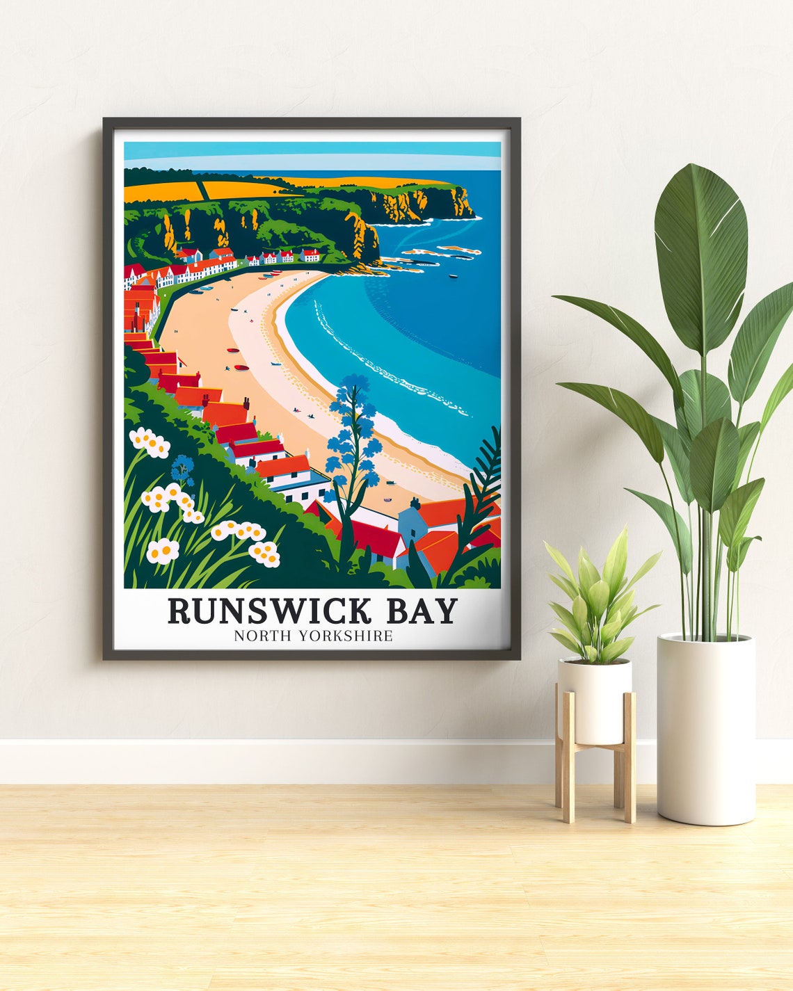Runswick Bay Crescent Beach Red Roof Cottages Shore View Poster - Image 3
