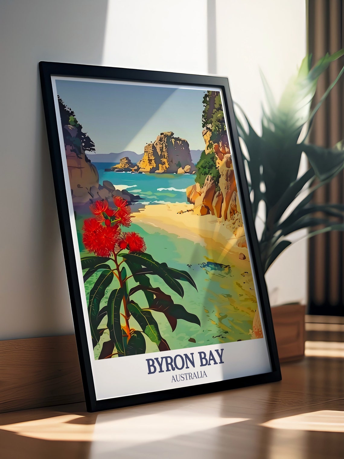 The Pass Byron Bay Cove Red Flowers Australia Coastal Wall Art - Image 2