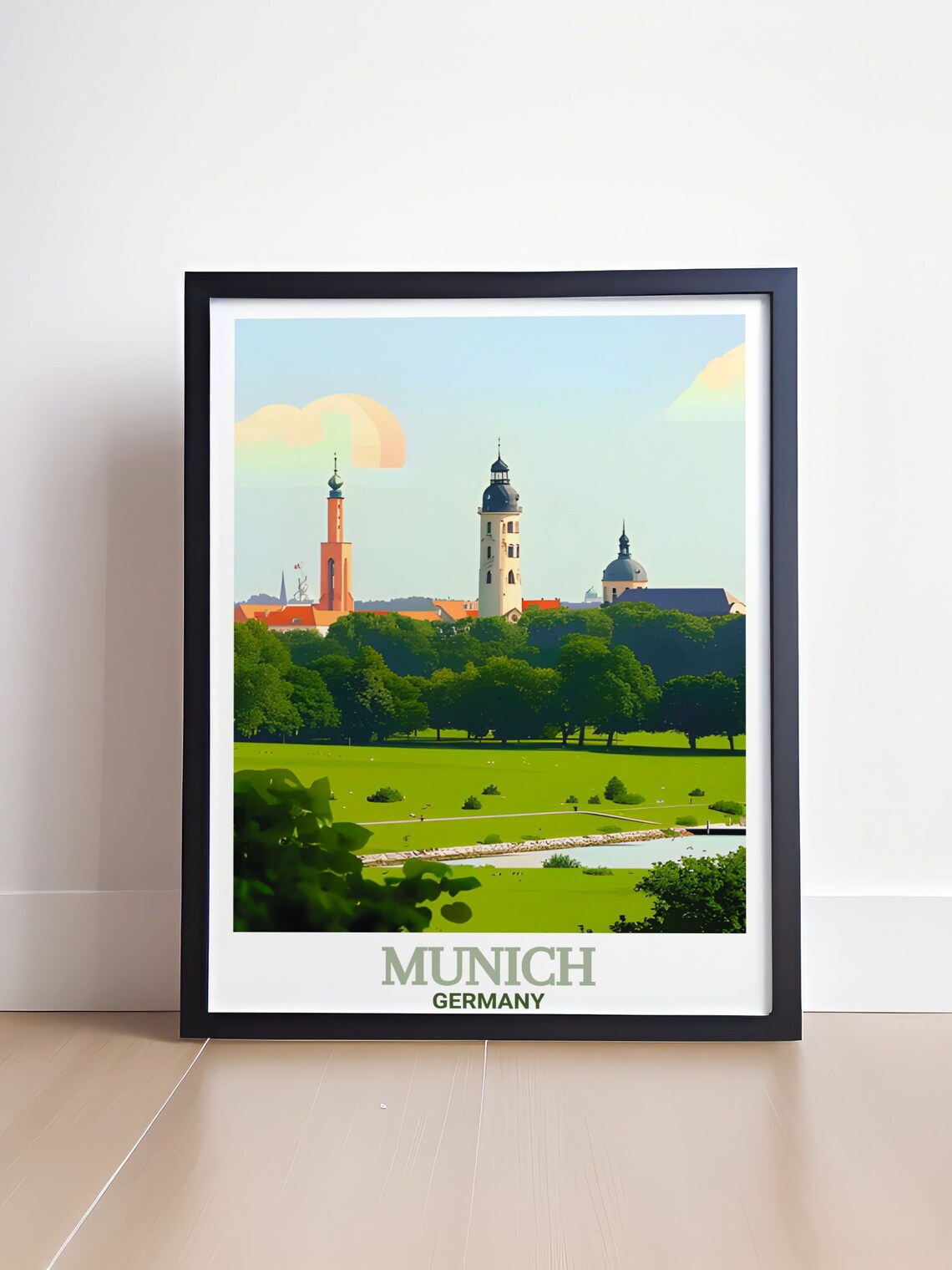 Munich English Garden Green Meadows Pond Church Towers Travel Poster - Image 4