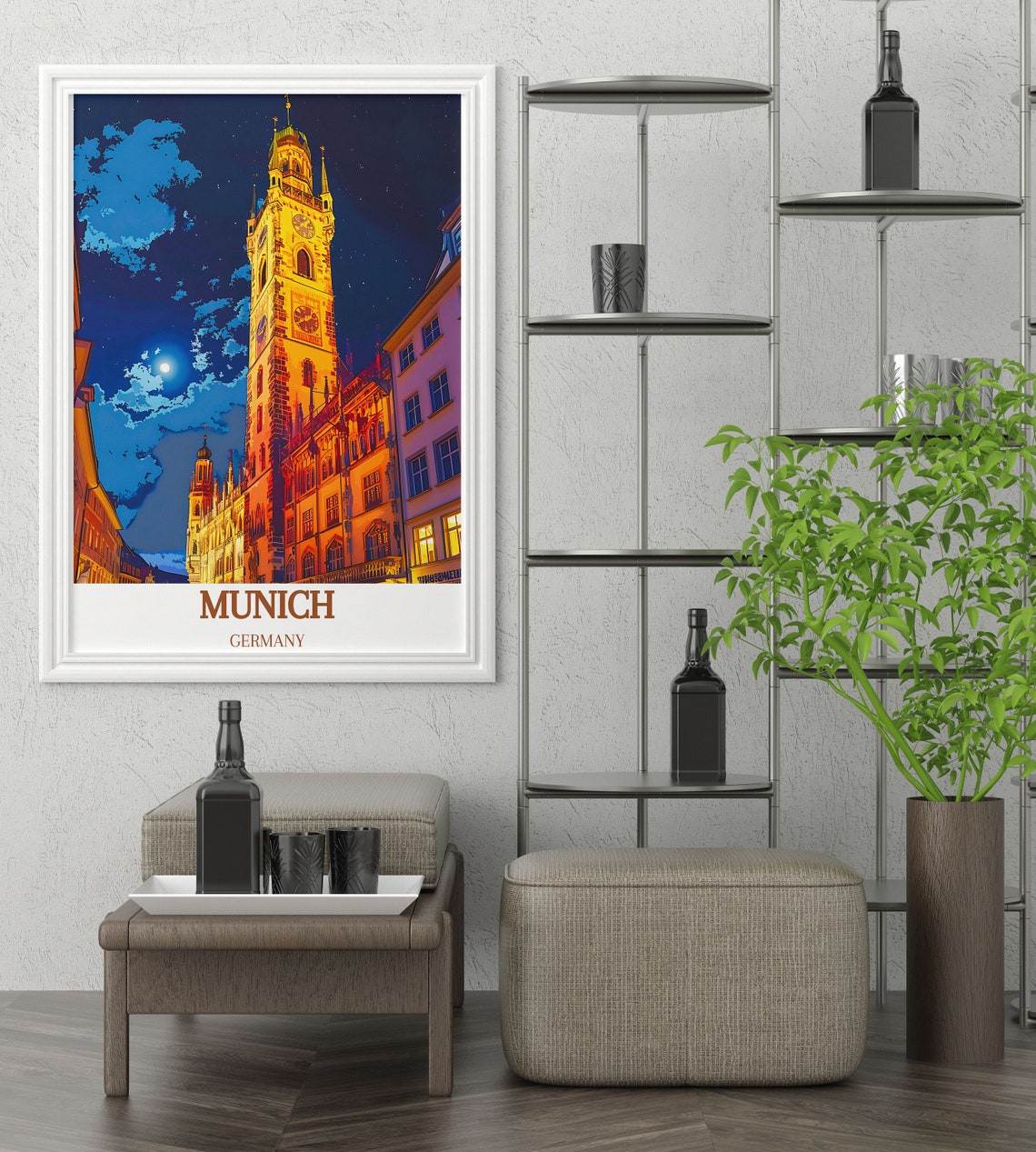 Munich Germany Old Town Clock Tower Moonlit Night View Travel Poster - Image 3