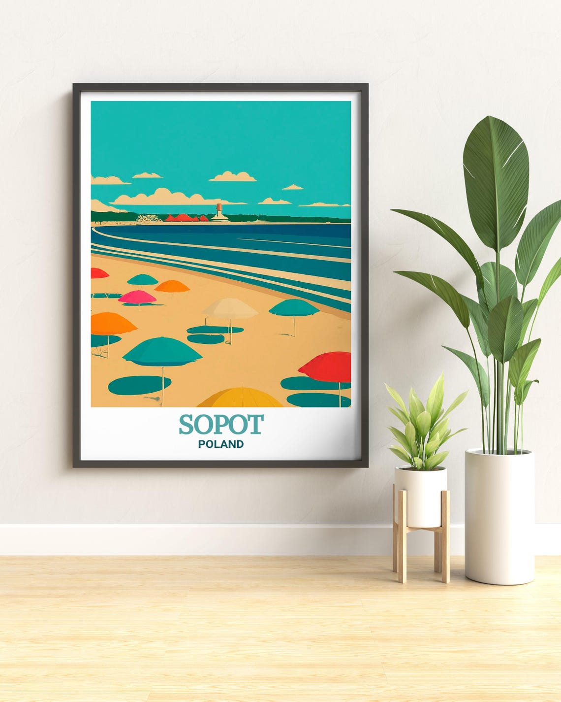 Sopot Poland Beach Poster with Umbrellas and Pier Retro Graphic Style - Image 3