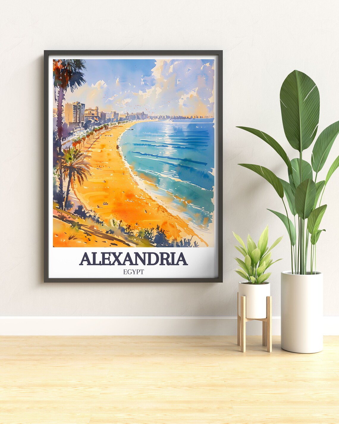 Alexandria Egypt Stanley Beach Mediterranean Watercolor Travel Poster - Image 2
