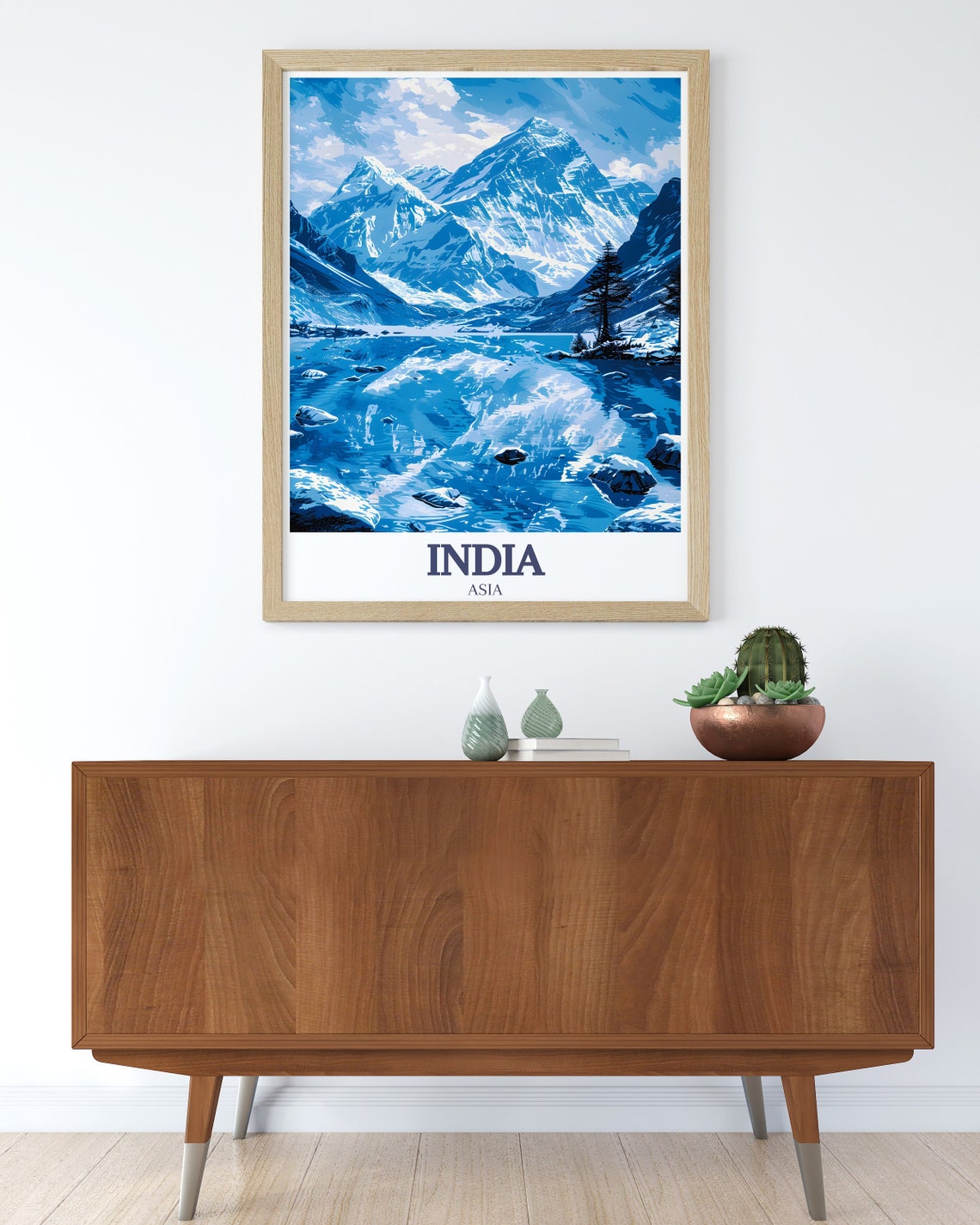 India Asia Himalayas Snowy Peaks Blue Lake Monochrome Art Poster - Image 2