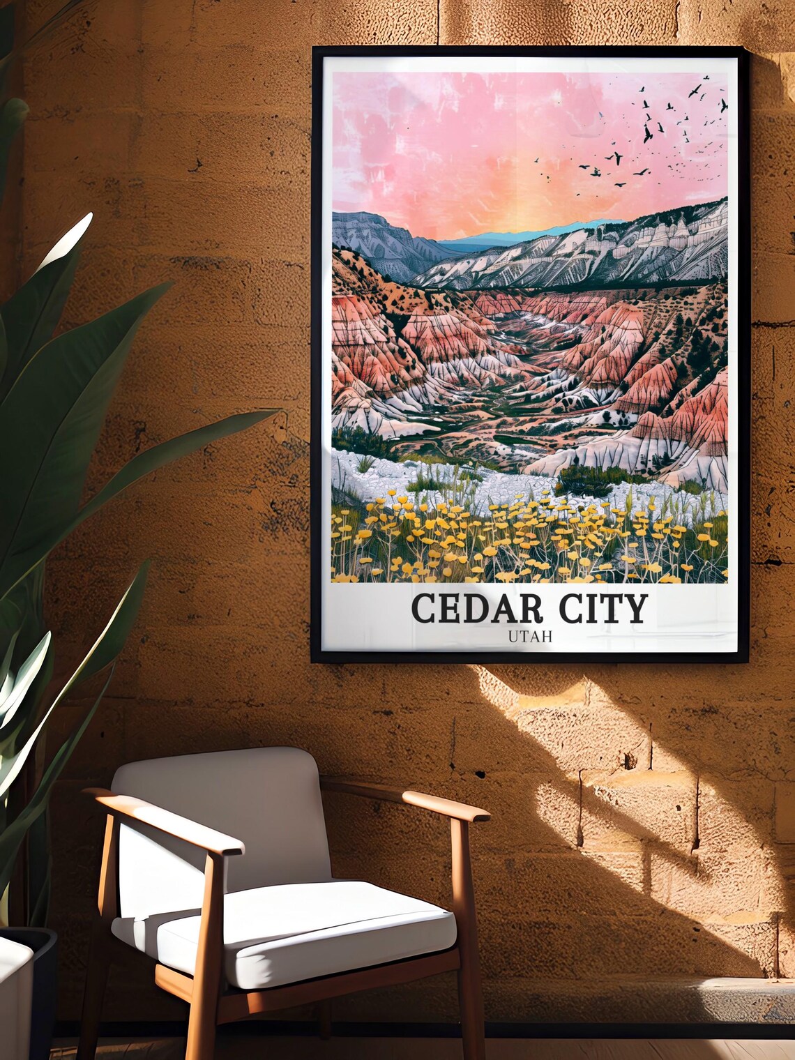 Cedar City Utah Poster Sunset Canyon with Wildflowers and Flying Birds - Image 3