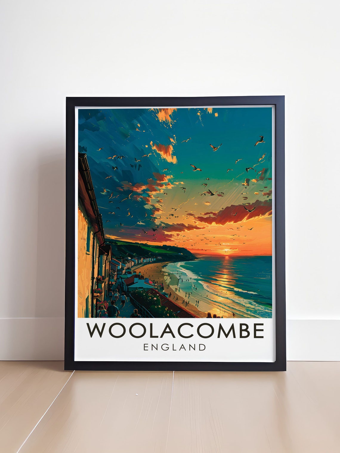 Woolacombe Beach Golden Sunset Seabirds Coastal Travel Poster - Image 4