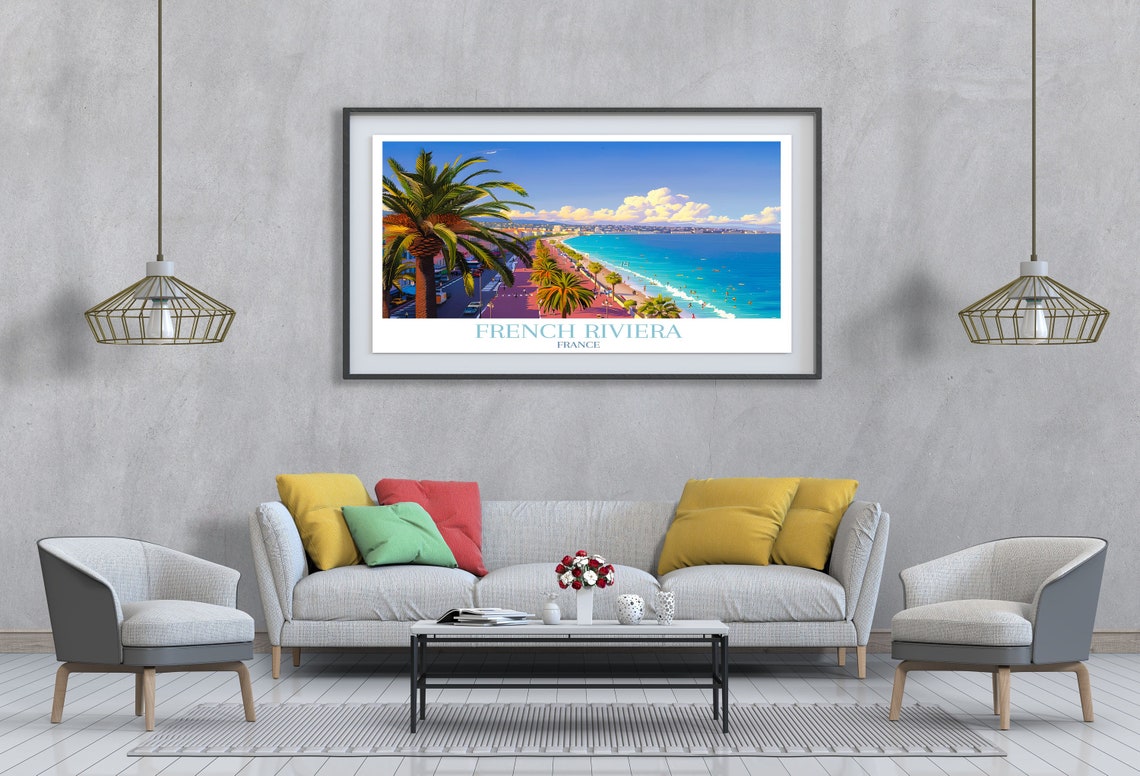 French Riviera France Palm Promenade Beach Day Scene Travel Poster - Image 4