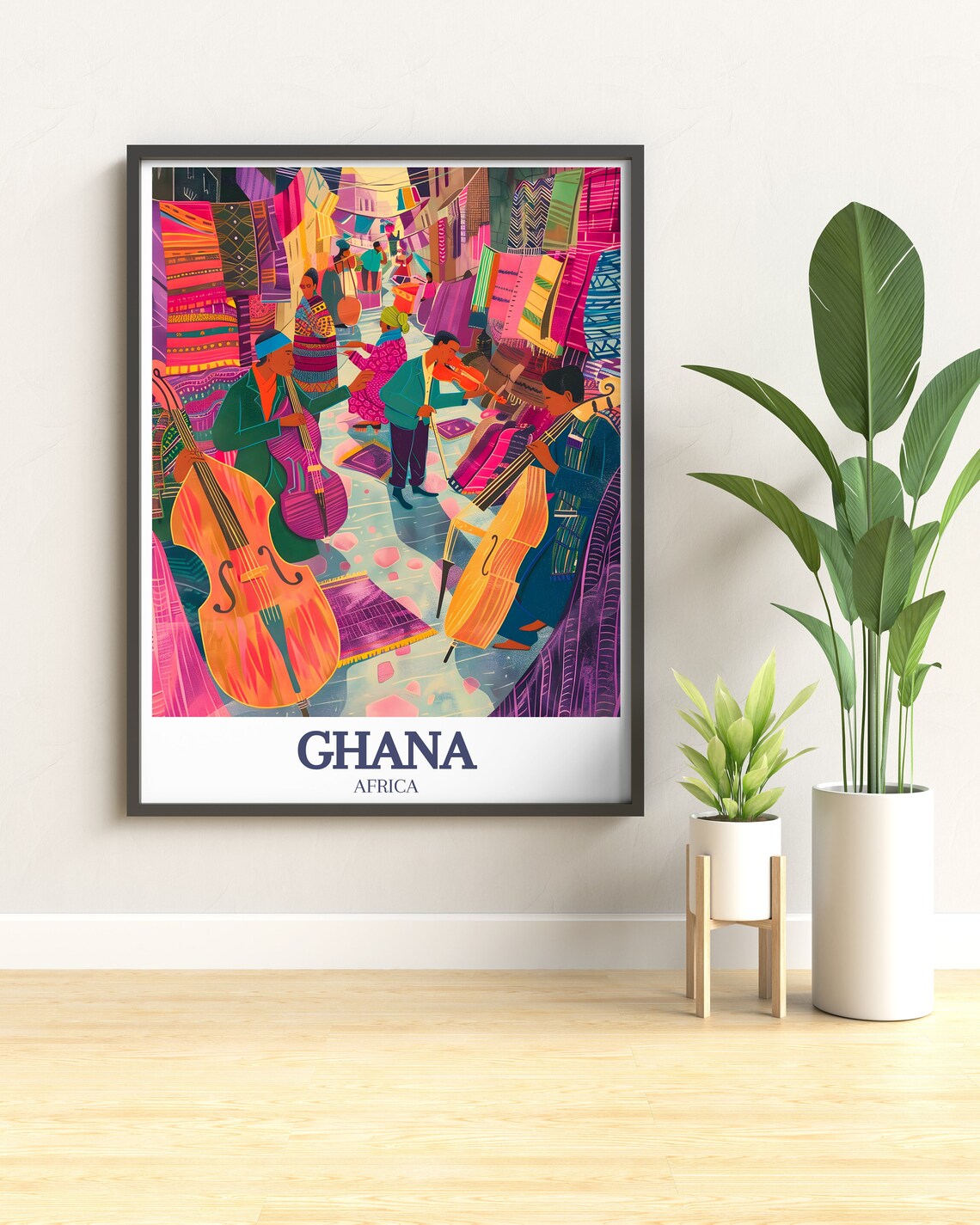 Ghana Market Musicians Colorful Fabric Stalls Africa Travel Poster - Image 3