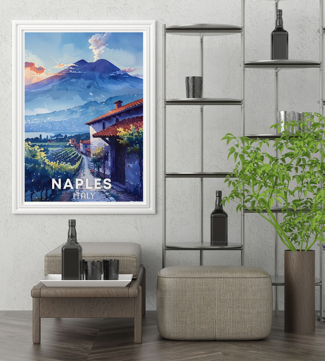 Naples Italy Mount Vesuvius Vineyard Sunset Watercolor Travel Poster - Image 3