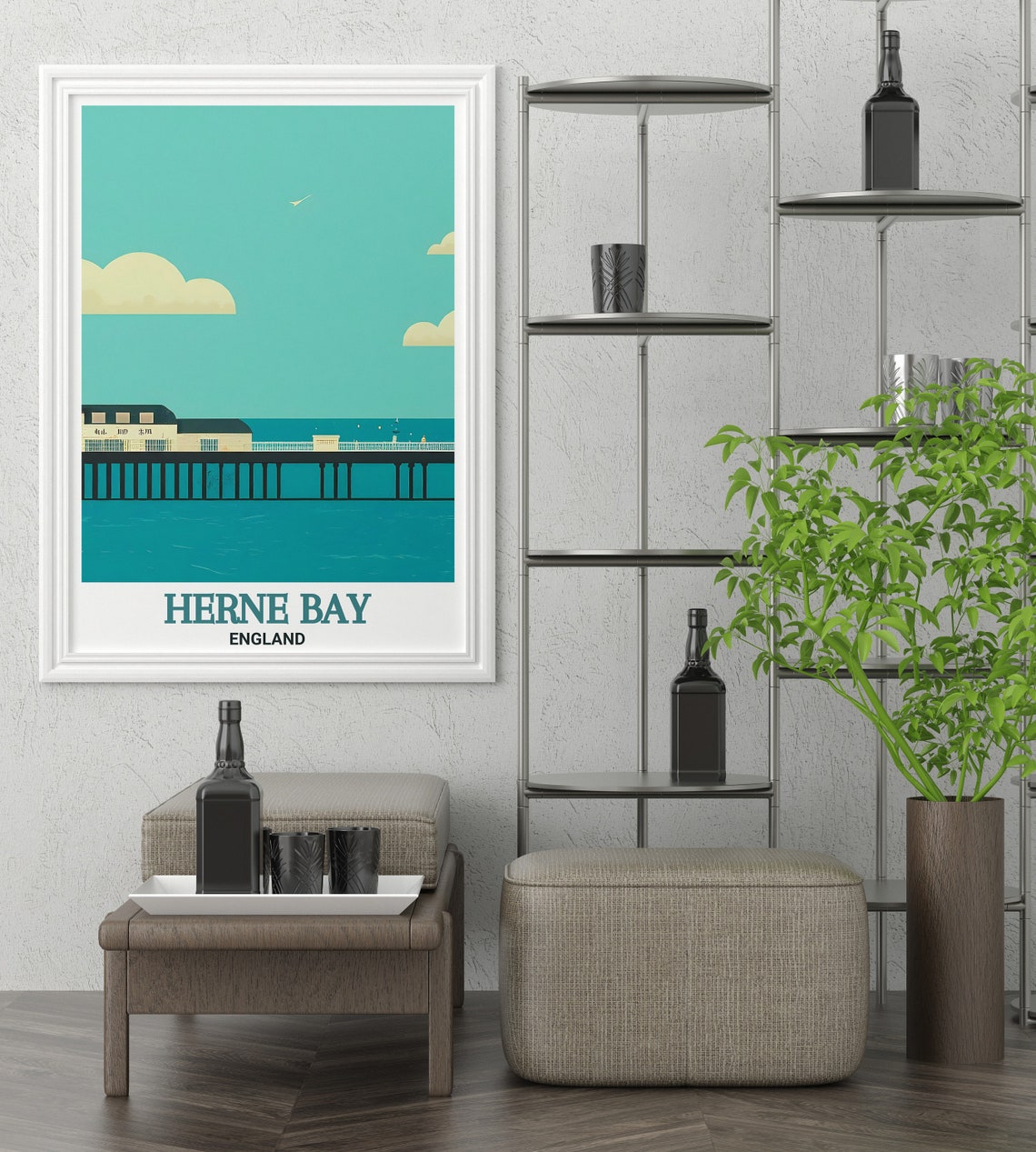 Herne Bay England Minimalist Pier Teal Seaside Scene Art Poster - Image 3