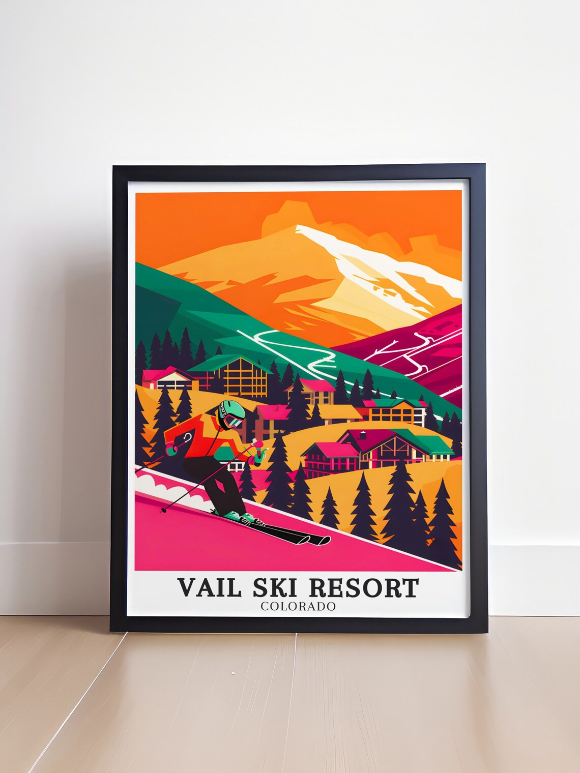 Vail Ski Resort Colorado Retro Skier Pink Slope Graphic Poster - Image 4