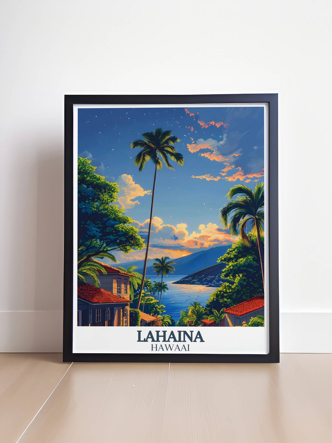 Lahaina Hawaii Tropical Sunset Bay Coast Palms Starry Night Poster - Image 4