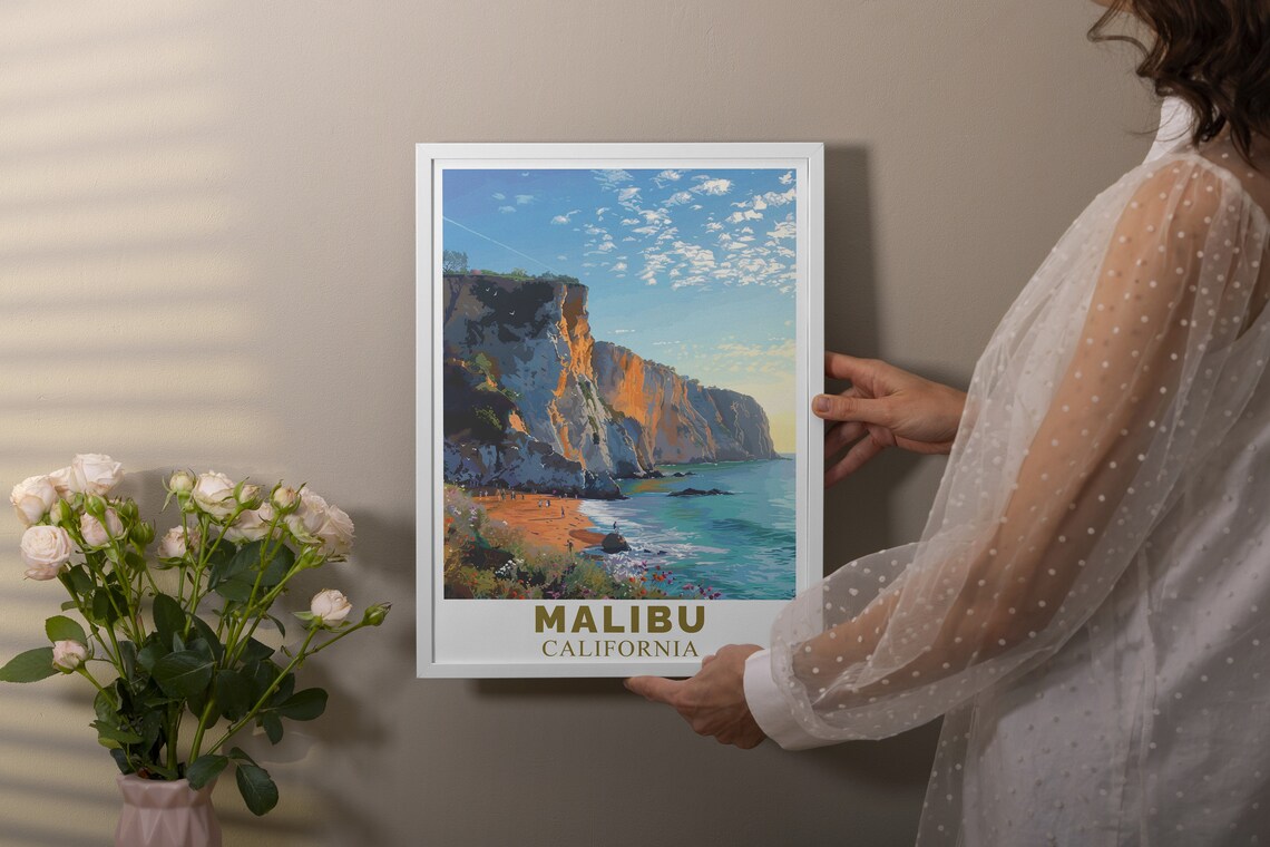Malibu California Golden Cliffs Above Sandy Beach at Sunset Poster - Image 2