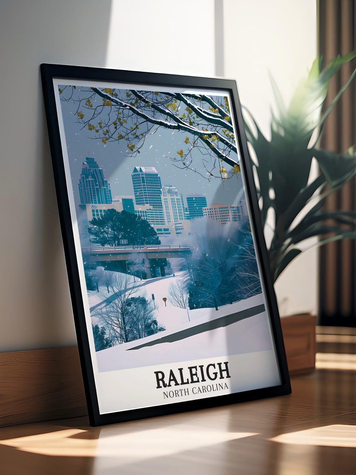 Raleigh North Carolina Snowy Winter Skyline Snowfall Bridge Poster - Image 2