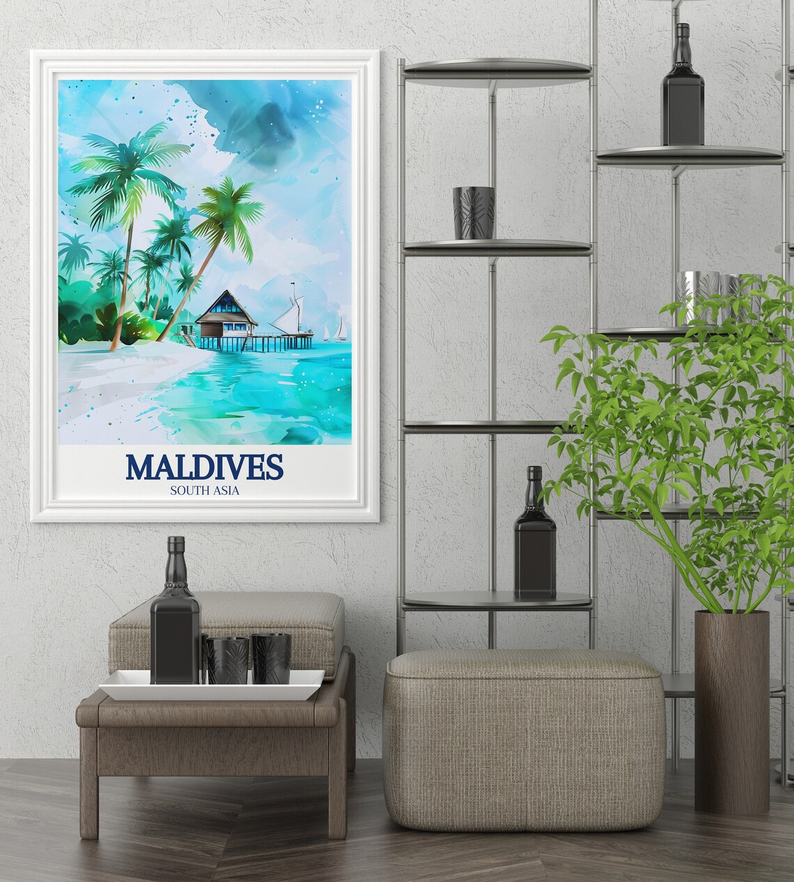 Maldives Beach Overwater Villa Palms Watercolor Travel Poster - Image 2