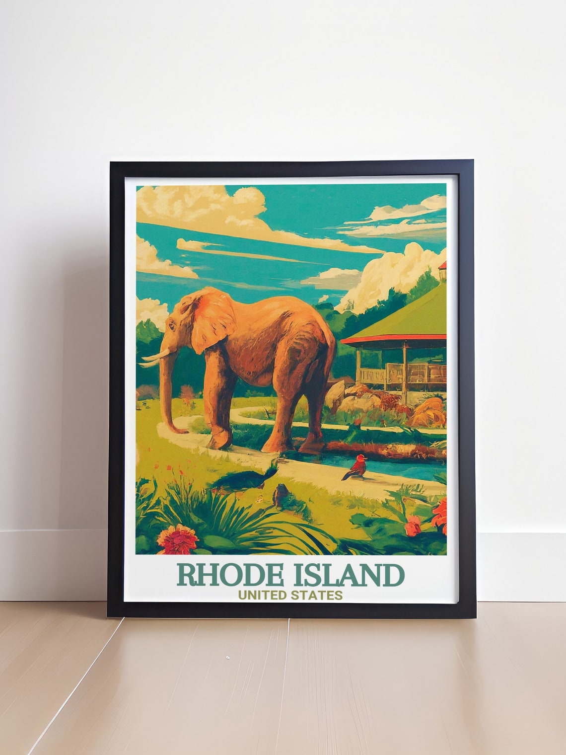Rhode Island USA Zoo Elephant Retro Wildlife Illustration Poster - Image 4