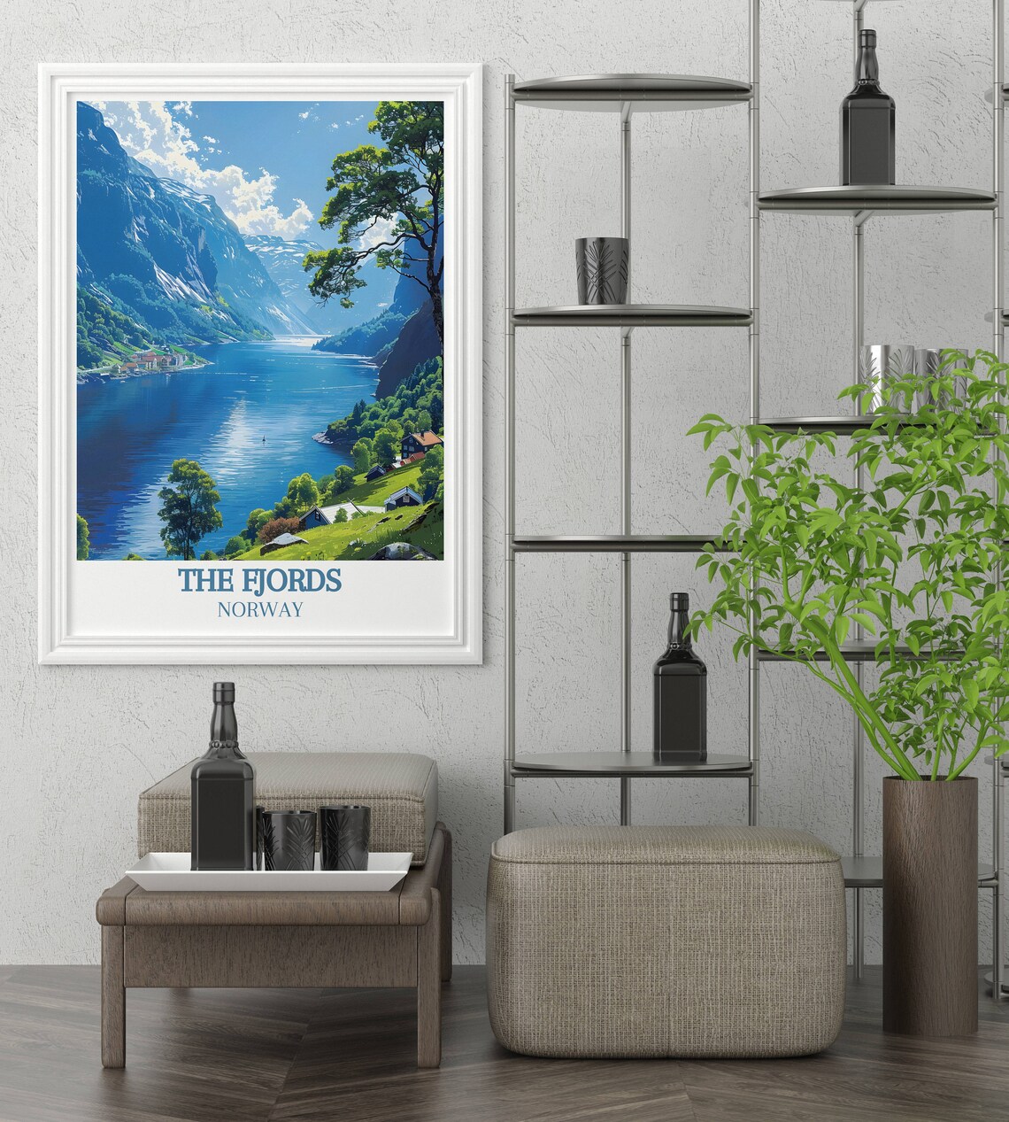 The Fjords Norway Travel Poster Blue Water Lakeside Village View - Image 2