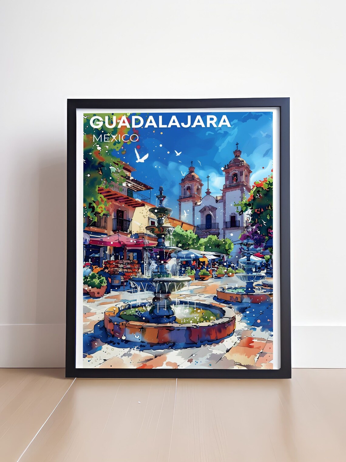 Guadalajara Mexico Plaza Fountain Watercolor Colonial Poster - Image 4