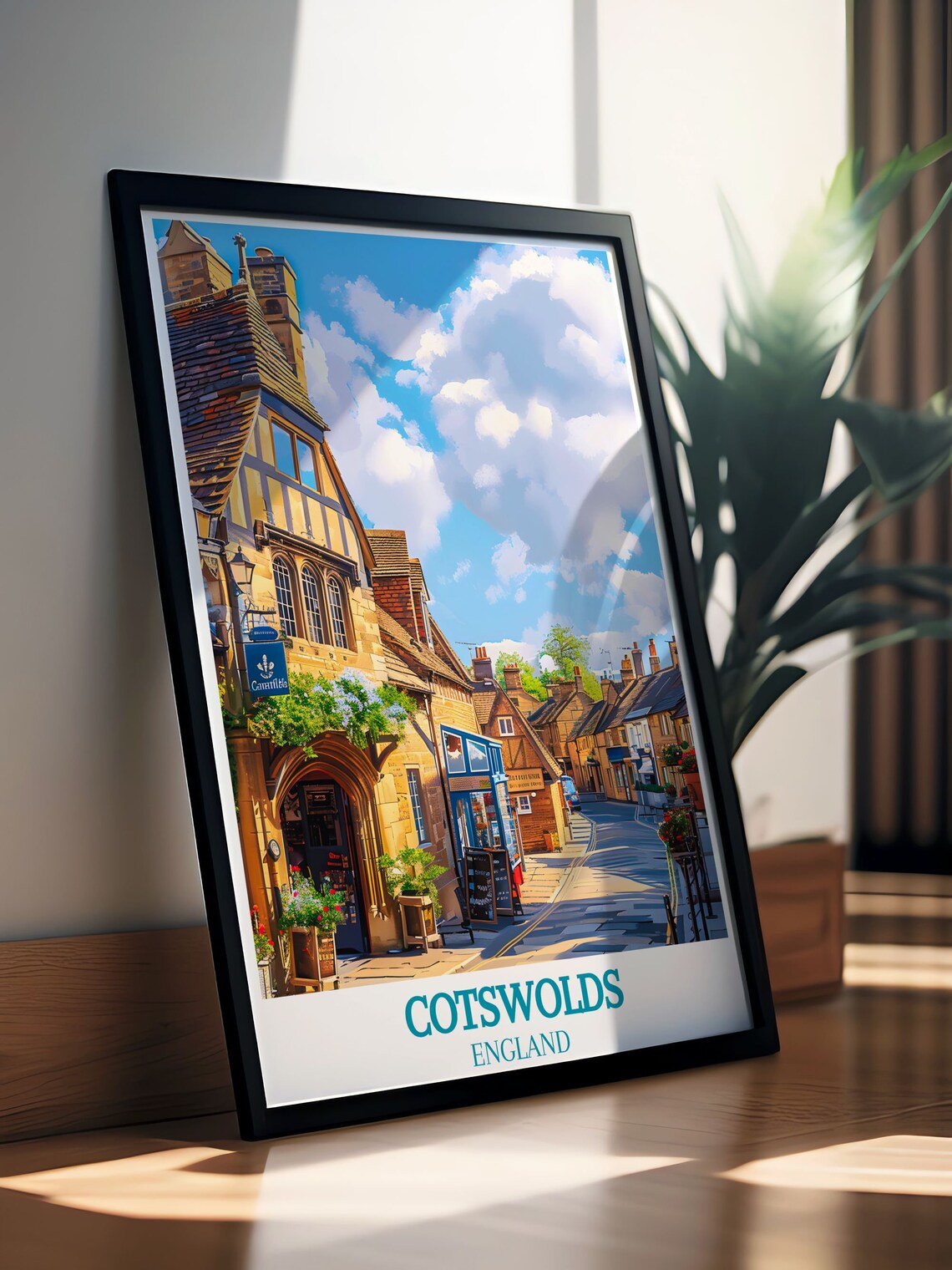 Cotswolds England Charming Village Street Stone Shops Poster - Image 3