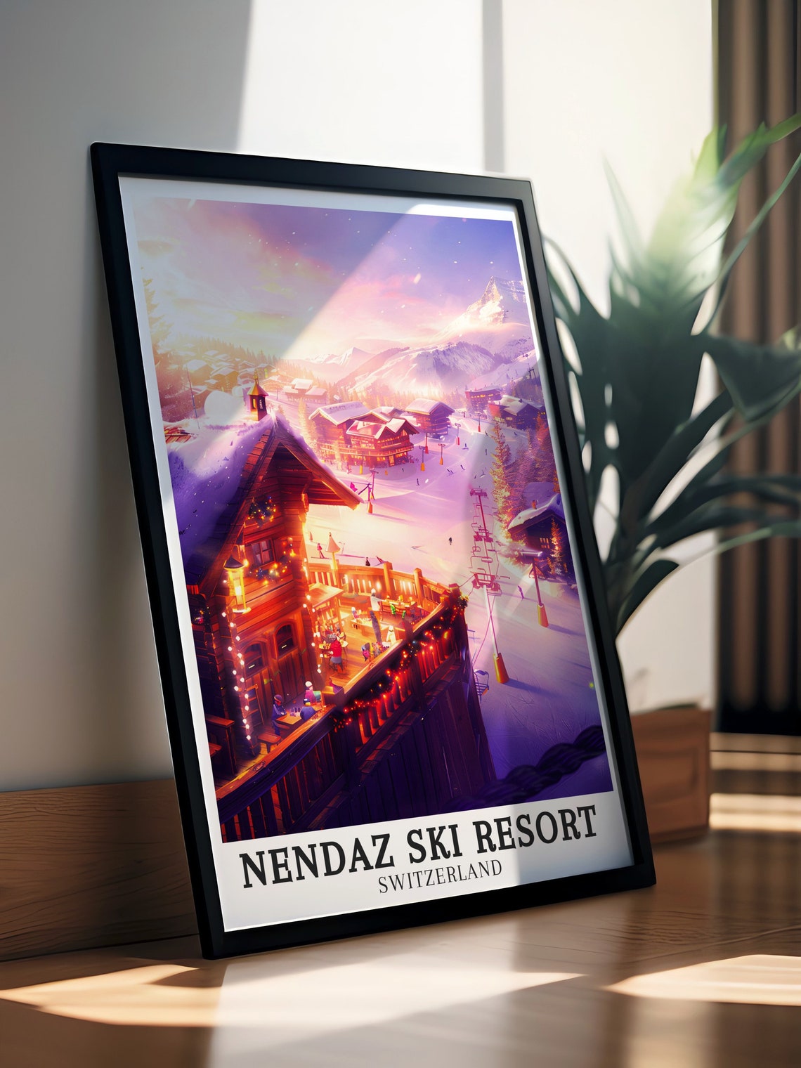 Nendaz Ski Resort Chalet Apres Ski Sunset Switzerland Poster - Image 3