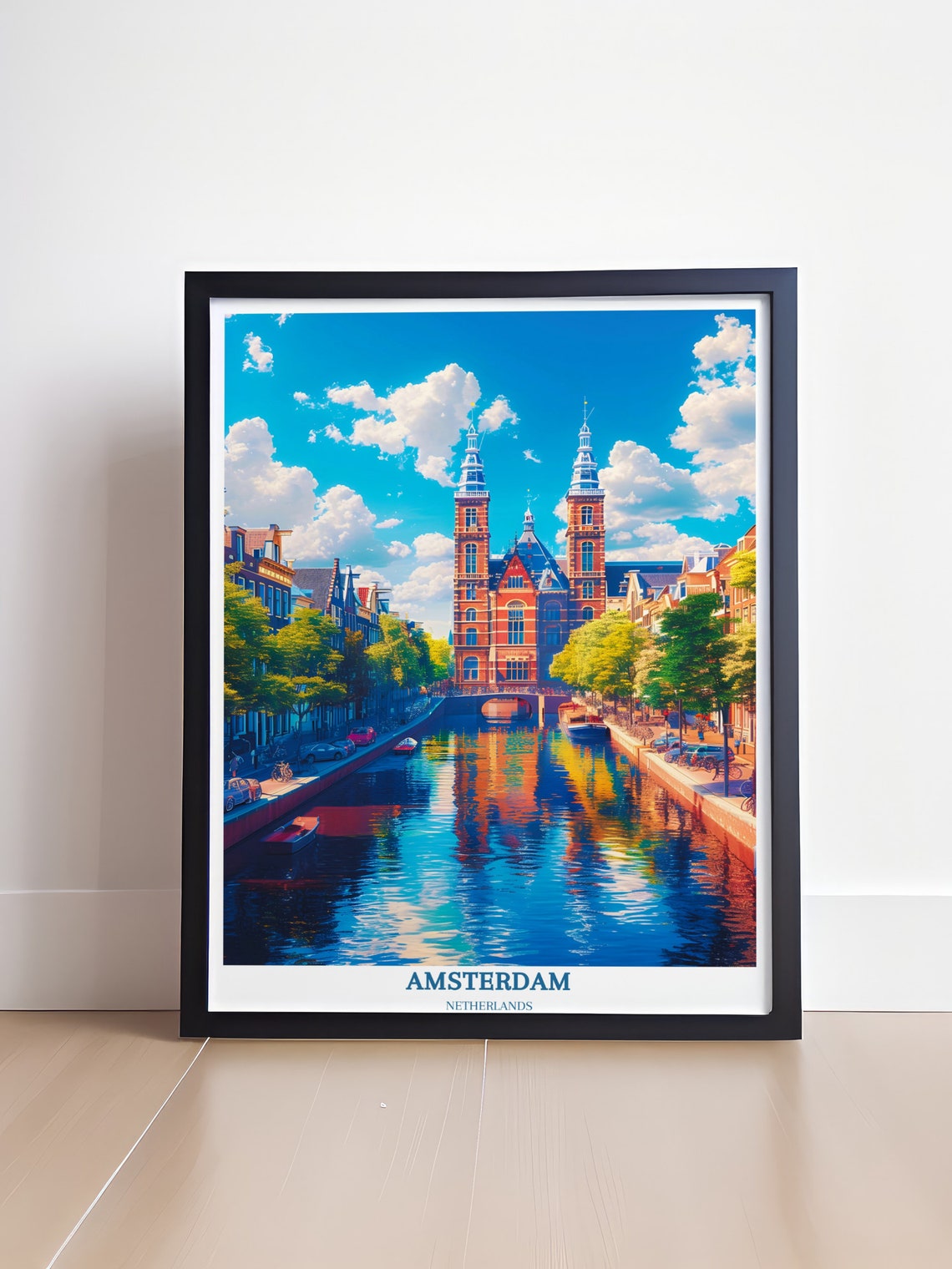 Amsterdam Historic Canal with Twin Tower Brick Building Travel Poster - Image 4