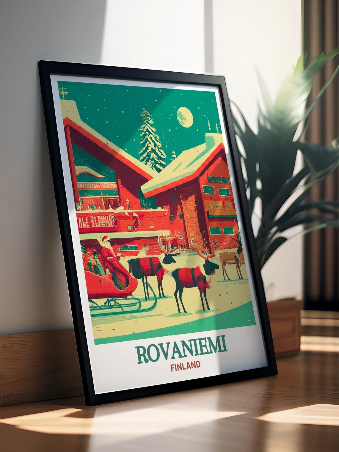 Rovaniemi Finland Poster with Santa Claus Sleigh and Reindeer Snow - Image 2