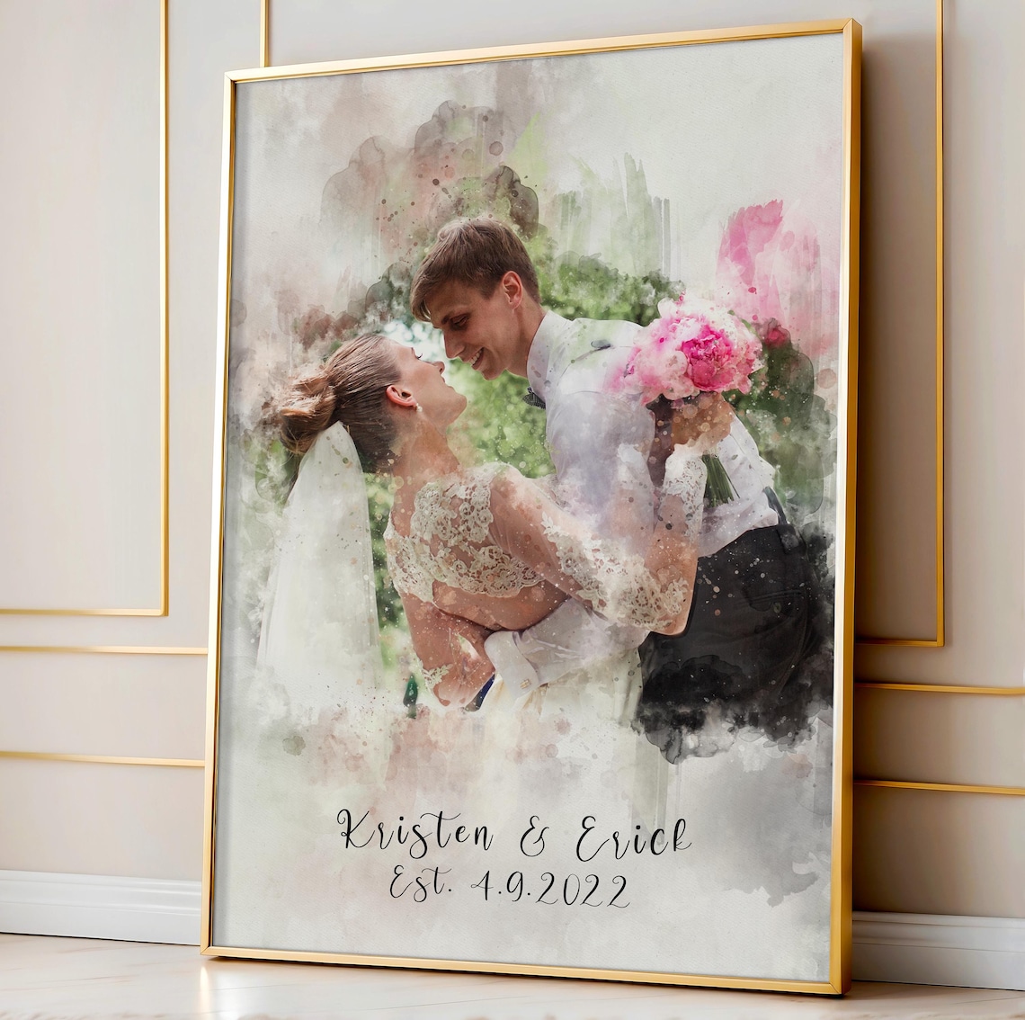 Dina and Dven Outdoor Wedding Couple Watercolor Portrait Poster - Image 2
