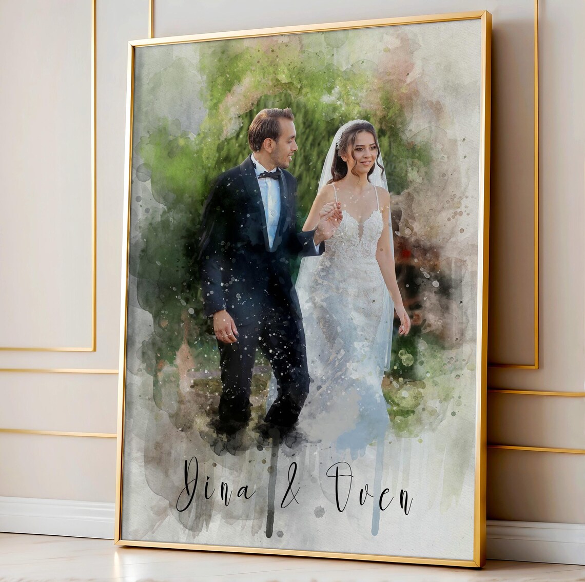 Dina and Dven Outdoor Wedding Couple Watercolor Portrait Poster