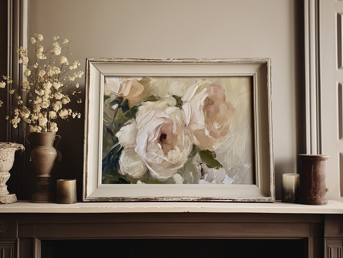 Cream White Roses Close-Up in Thick Impasto Oil Painting Poster - Image 3