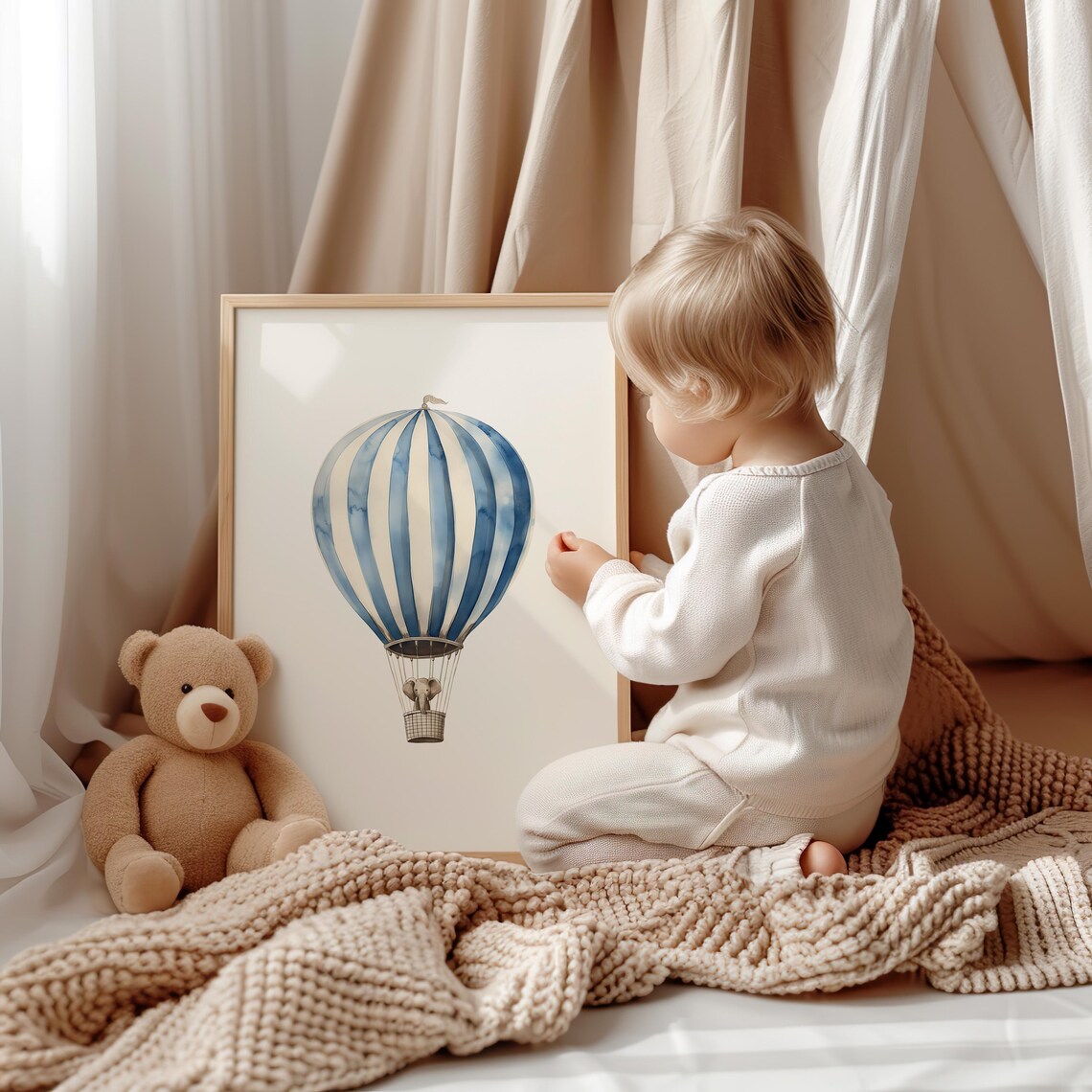 Blue and White Hot Air Balloon with Baby Elephant Watercolor Poster - Image 3