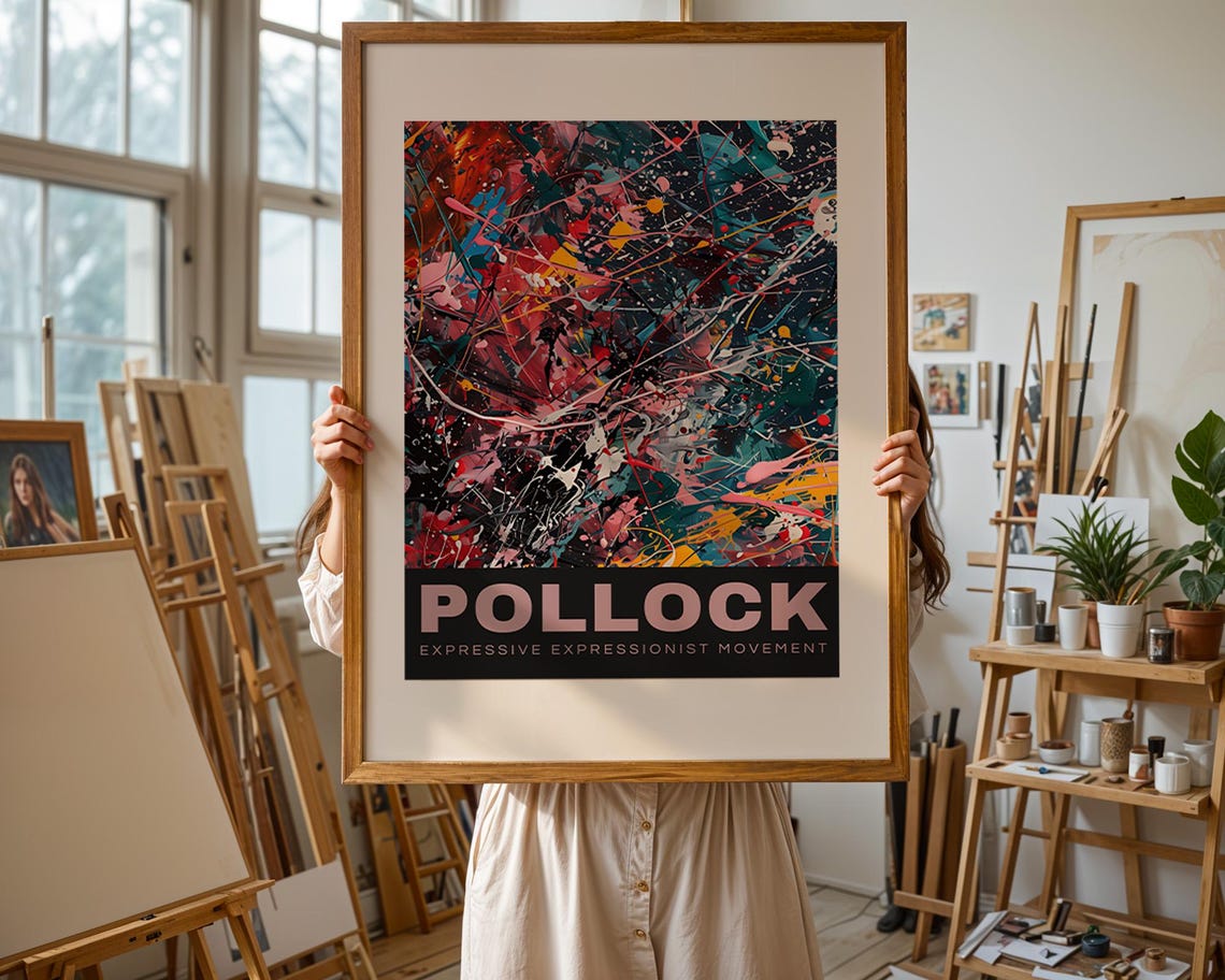 Pollock Multicolor Splatter Abstract Poster with Pink Lettering Band - Image 3