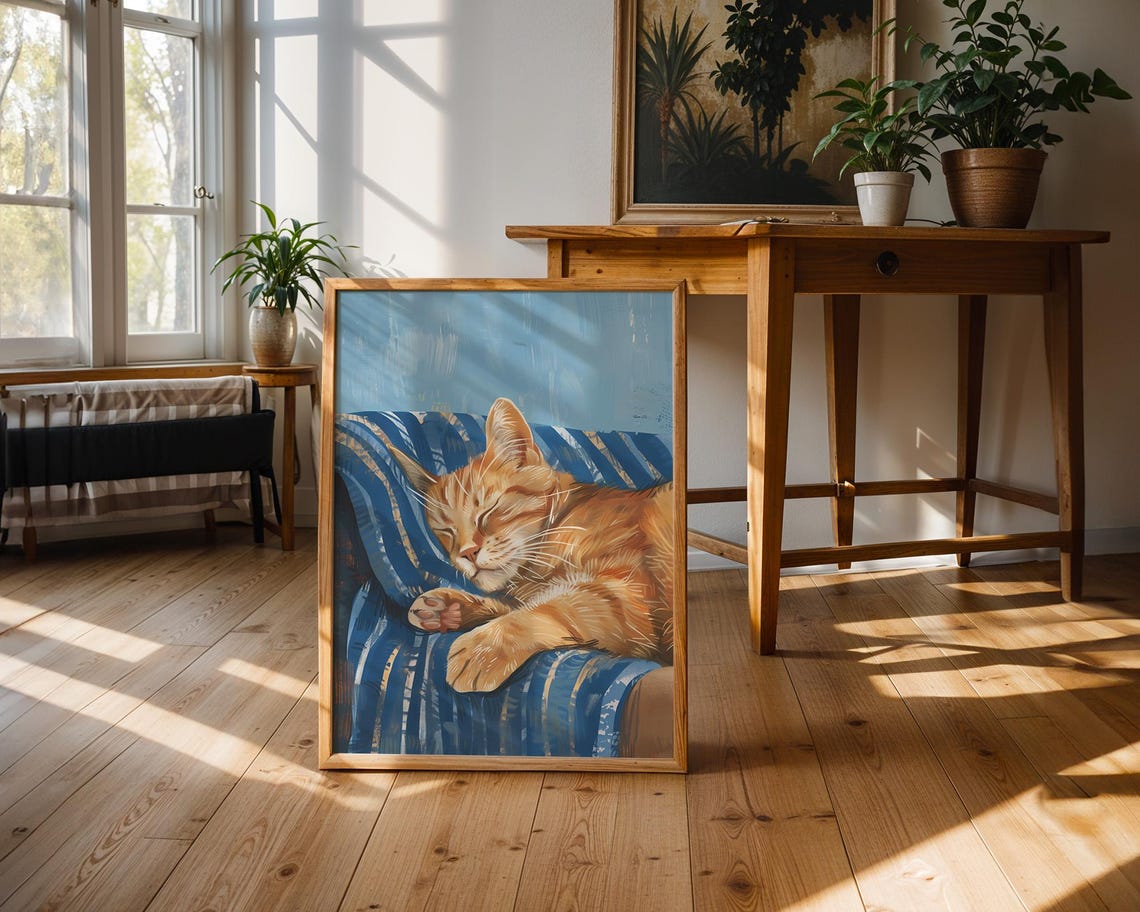 Sleeping Orange Tabby Cat On Blue Striped Pillow Decor Poster - Image 2