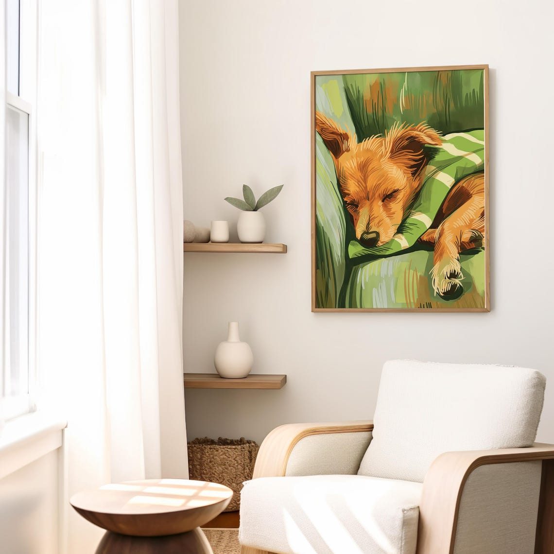 Sleeping Golden Brown Dog On Striped Pillow Vintage Art Poster - Image 3