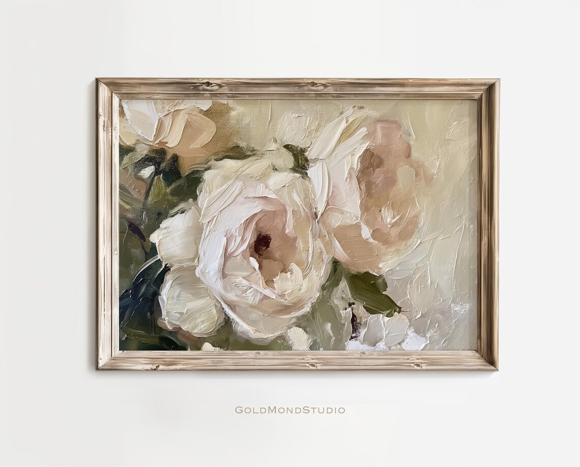 Cream White Roses Close-Up in Thick Impasto Oil Painting Poster
