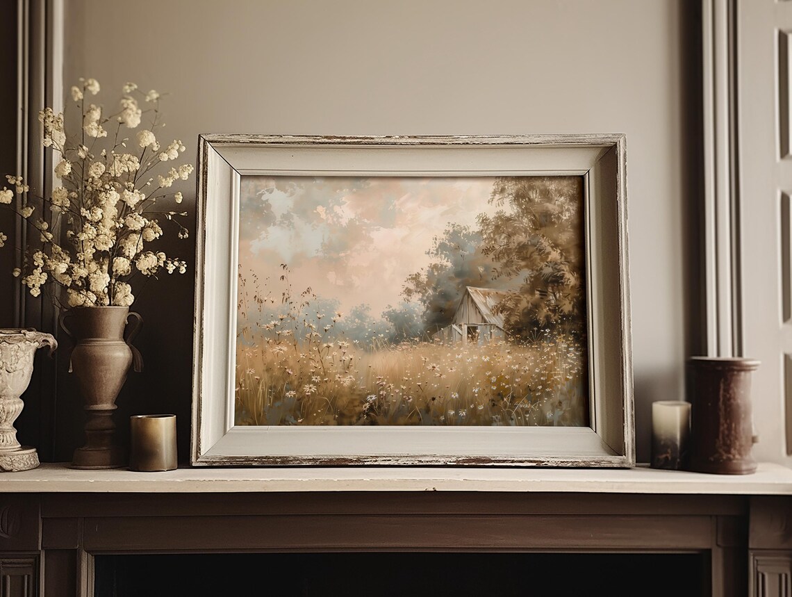 Weathered Old Barn Among Wildflowers At Sunrise Painting Poster - Image 3