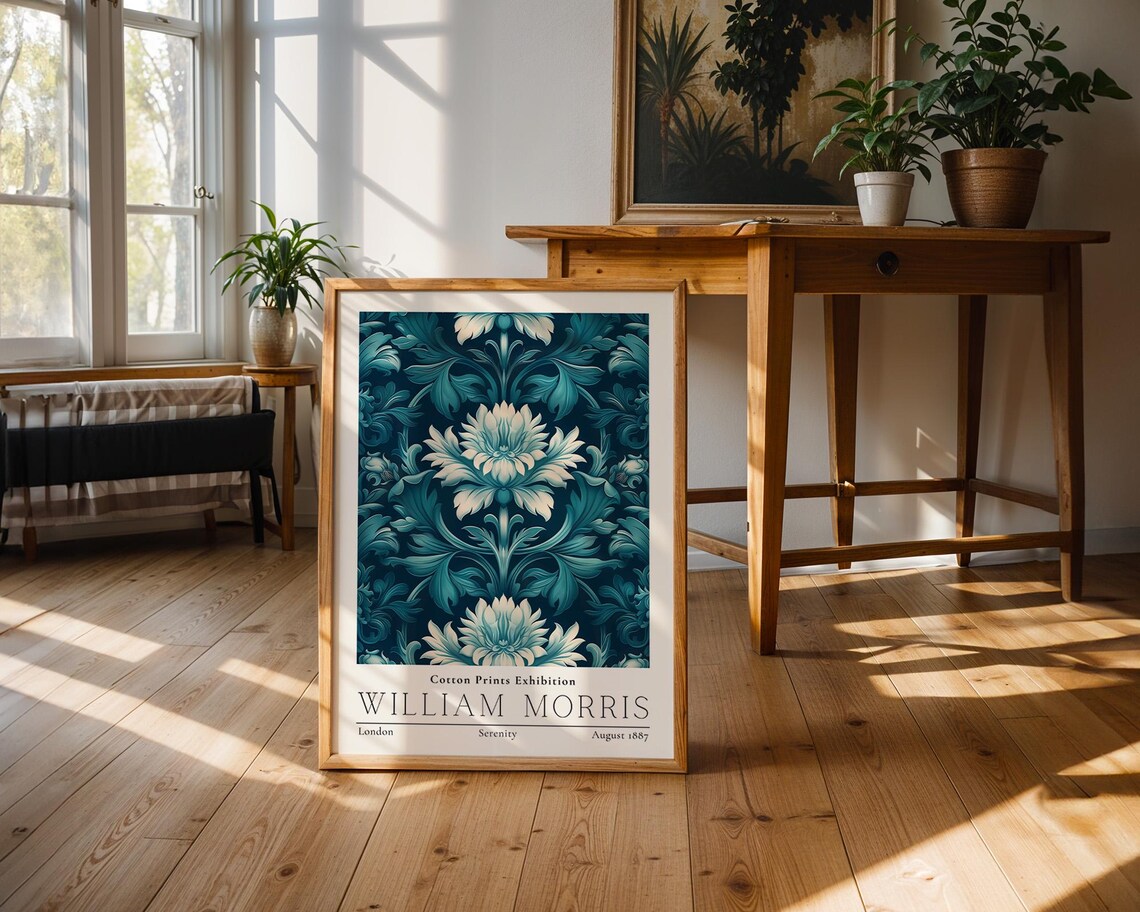 William Morris Serenity Teal Floral Vintage Cotton Exhibition Poster - Image 3