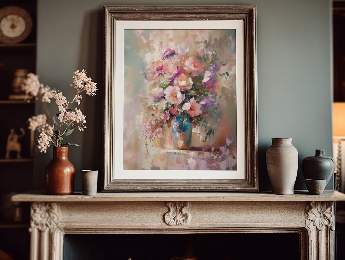 Impressionist Pink and Purple Bouquet in a Blue Glass Vase Poster - Image 3