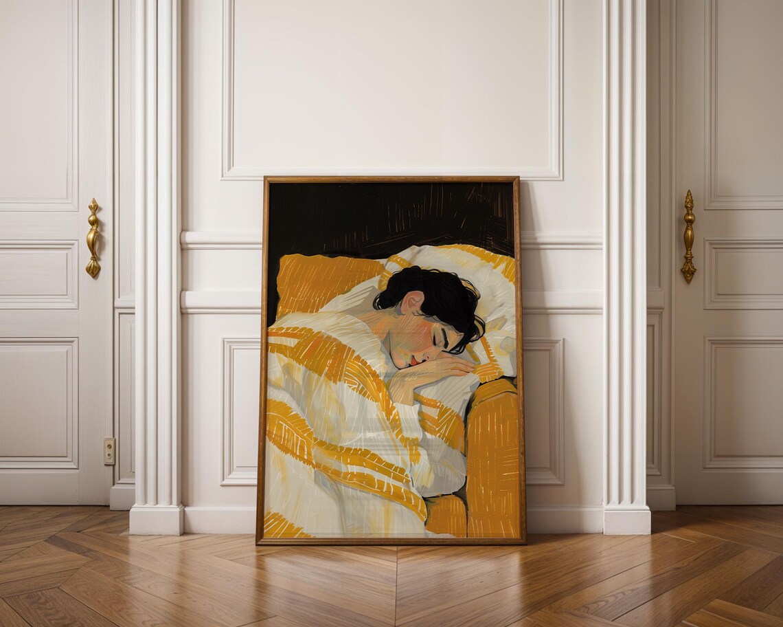 Sleeping Woman Wrapped in a Golden Yellow Blanket on a Sofa Poster - Image 2