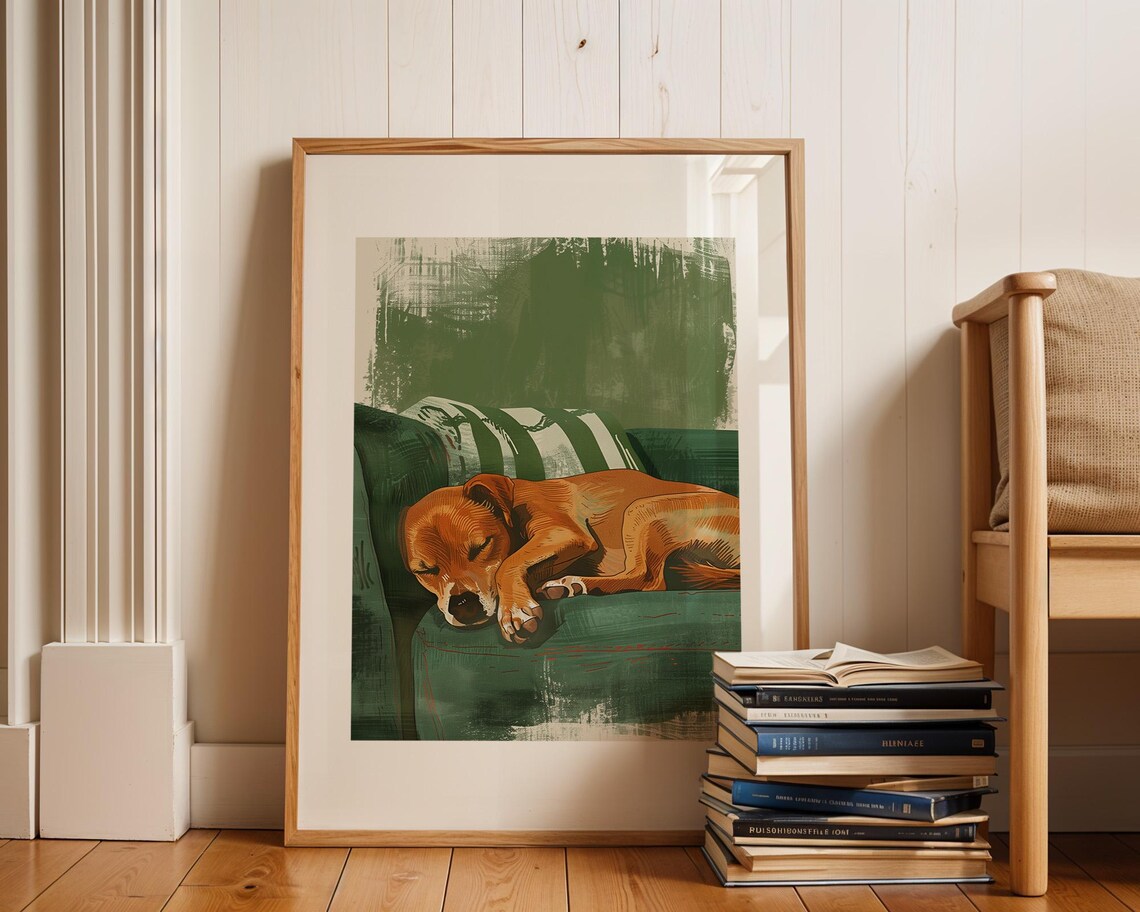 Sleeping Brown Dog On Green Couch Cozy Bedroom Vintage Art Poster - Image 2