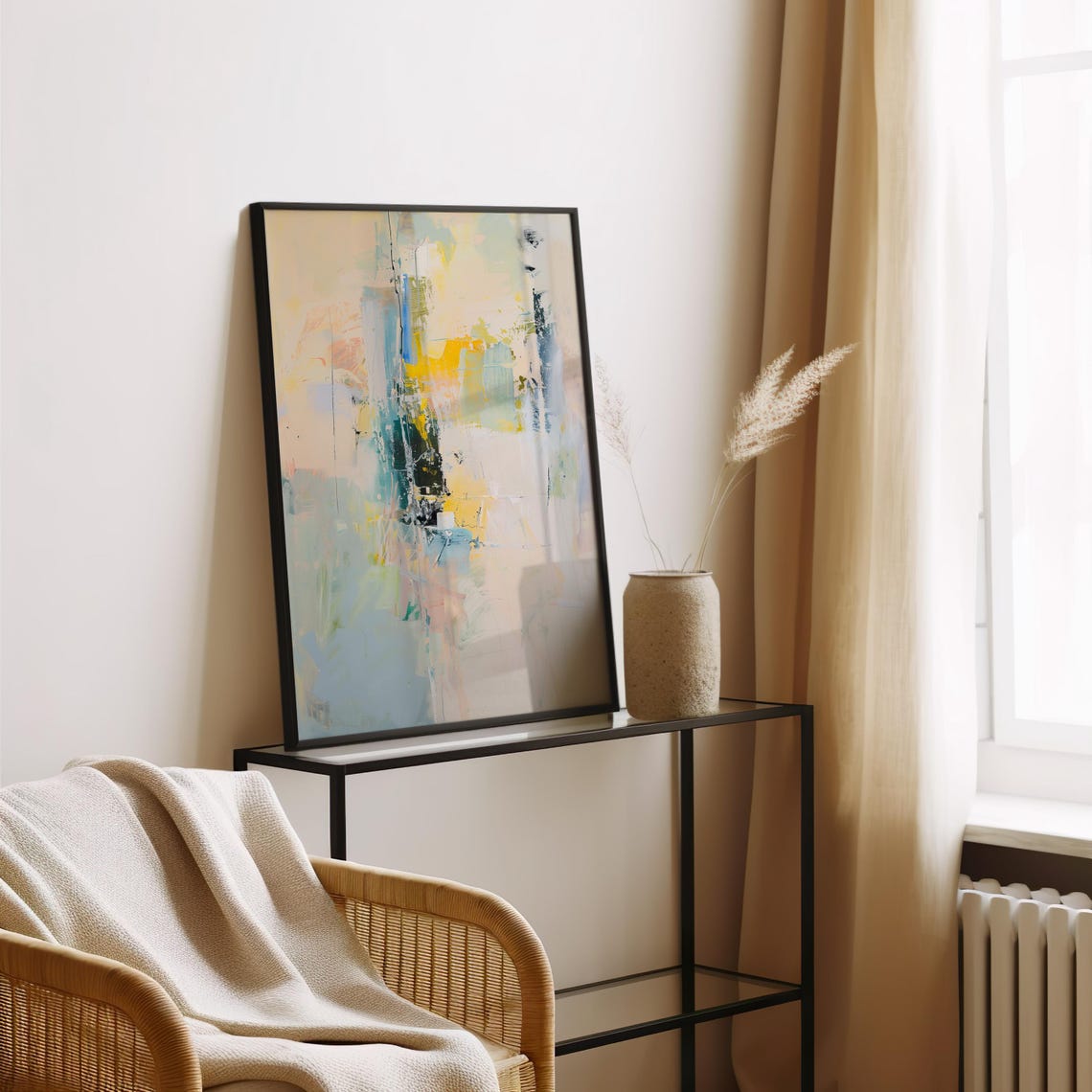 Soft Cream Blue Yellow Abstract Brushstroke Minimalist Poster - Image 2