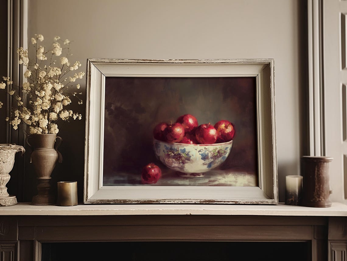 Red Apples Floral Porcelain Bowl Vintage Still Life Kitchen Poster - Image 3
