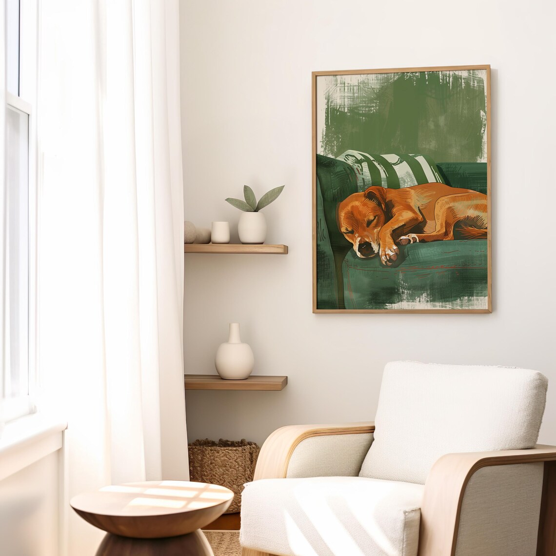 Sleeping Brown Dog On Green Couch Cozy Bedroom Vintage Art Poster - Image 3