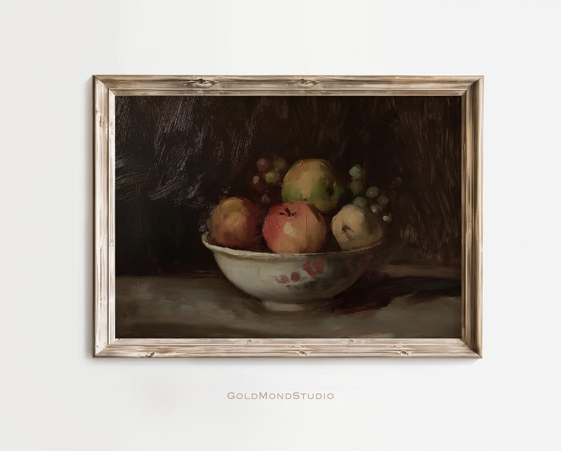 Dark Moody Fruit Bowl Ceramic Vintage Still Life Kitchen Poster